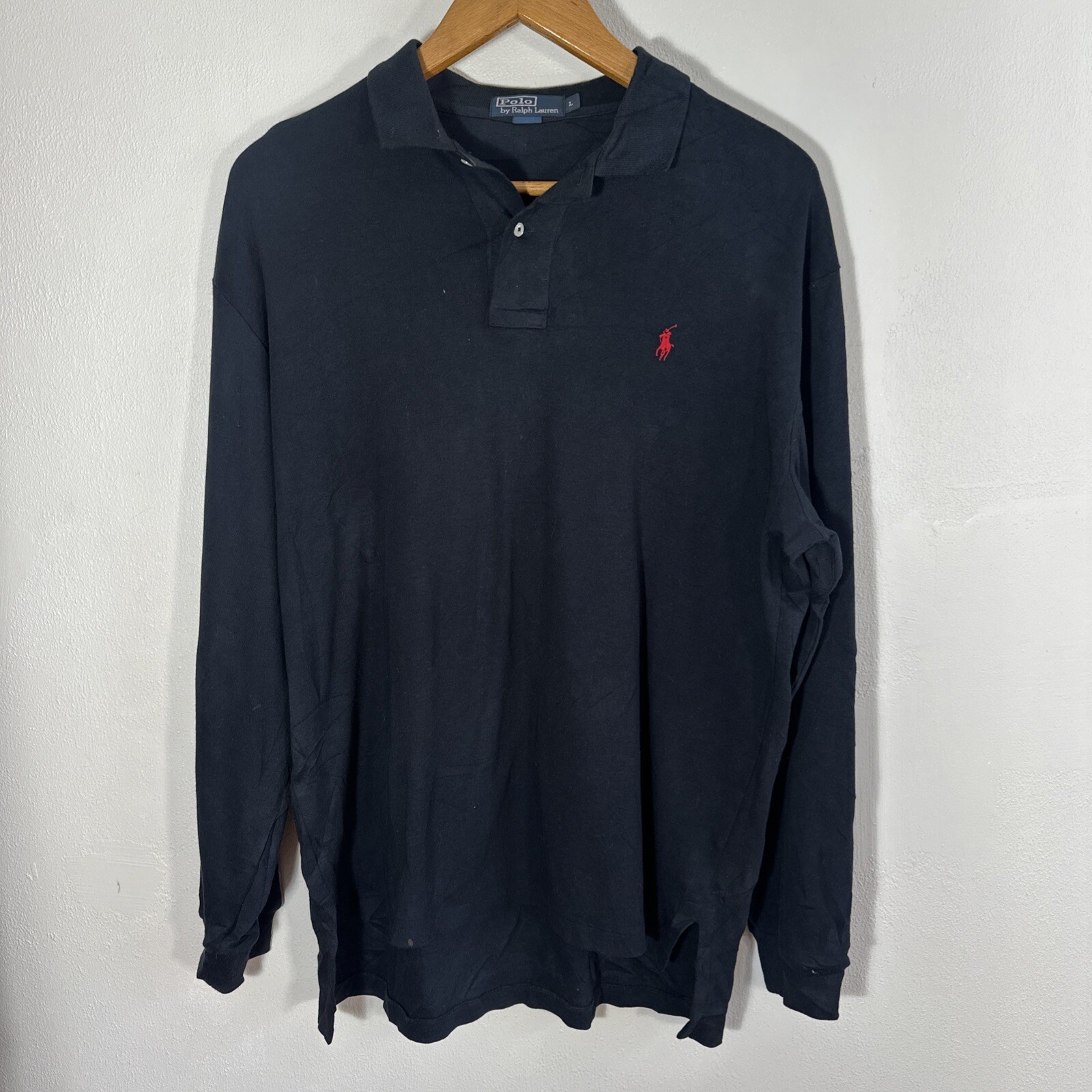 Polo Ralph Lauren camicia grande uomo L nero rosso pony cotone manica lunga colletto