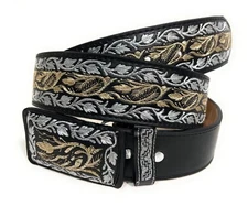 MEN'S SILVER AND GOLD EMBROIDERED WESTERN BELT, CINTO VAQUERO BORDADO PLATA ORO