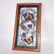 MCM Stained Plexi Glass Butterfly Colorful Welcome Sign Wood Framed Vintage