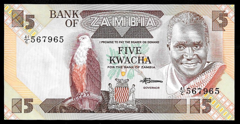 World Paper Money - Zambia 5 Kwacha ND 1980-88  P25d  Sign 7 @ Crisp UNC 