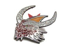 Abstract Horned Dragon Head Graphic Pin Red White Orange & Silver Tone
