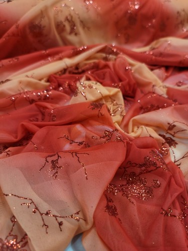 Stoff Meterware Koralle und Pfirsich Stretch Netz geklebt Glitzer Blumen Blume - Bild 10 von 11