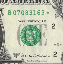 Series 2017A Star Note B New York 3.2M Pack Run FW $1 Dollar Bill B07083163*