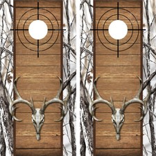 Buck Deer Skull Camo Wood Cross Heirs "Snowstorm" Cornhole Board Wraps Decals