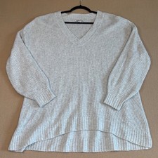 American Eagle Waffle Knit V-Neck Sweater Gray Oatmeal Oversized Marl Medium