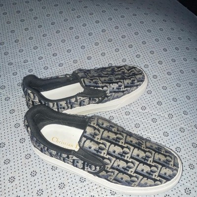 Christian Dior Men's Logo Canvas Slip-On Sneakers Blue Beige Black US 5.5