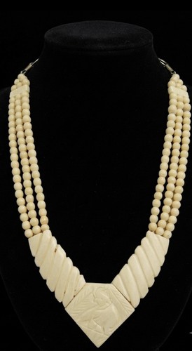 Vintage Carved Bovine Bone Elephant Necklace With Beads