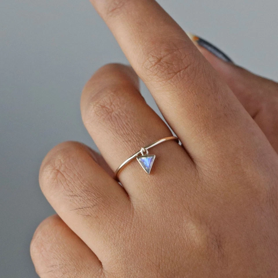 Solitaire Triangle Drop Moonstone Thin Band Ring, 14k Gold Dainty Stackable Ring - Image 2 of 4