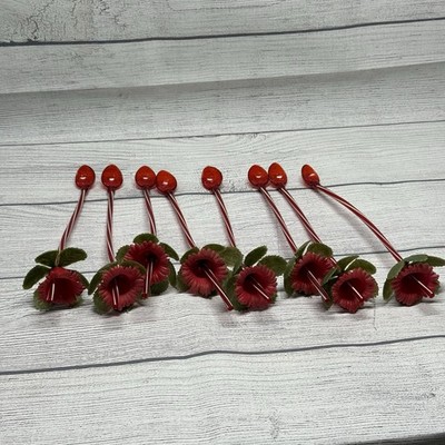 Set 8 Vintage Red W Flowers Swizzle Spoon Bar Stir Sticks Straws 9'' Decorative