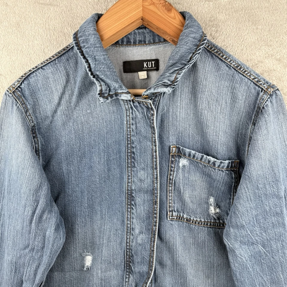 Chaqueta Kut From The Kloth Llysa para mujer XL azul denim desgastado bolsillos a presión Foto 3 de 4