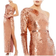 Mac Duggal NWT One Sleeve Fully Sequined High Slit Maxi Dress Copper Size 12
