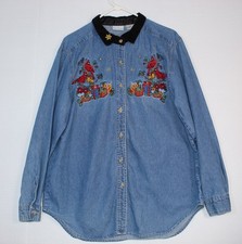 Vintage Bobbie Brooks Christmas Denim Button Down Red Cardinals Presents Large
