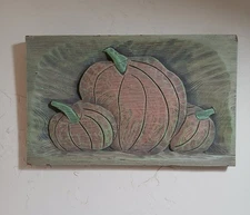 Carved Wood Still Life OAK 1984 Artist S.R. Carney Stained Pannel of Pumpkins