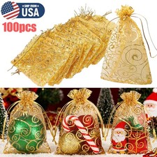 100Pcs Golden Drawstring Organza Pouches Wedding Party Candy Xmas Gift Bags USA