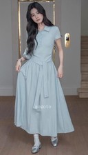 Fashion Casual Women's Lapel Belt Long Dress Short Sleeve Party Dress Size