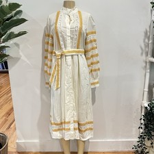Sezane Elodie Embroidered Dress Sz 40 / 8 / L Belted Ecru Long Sleeves