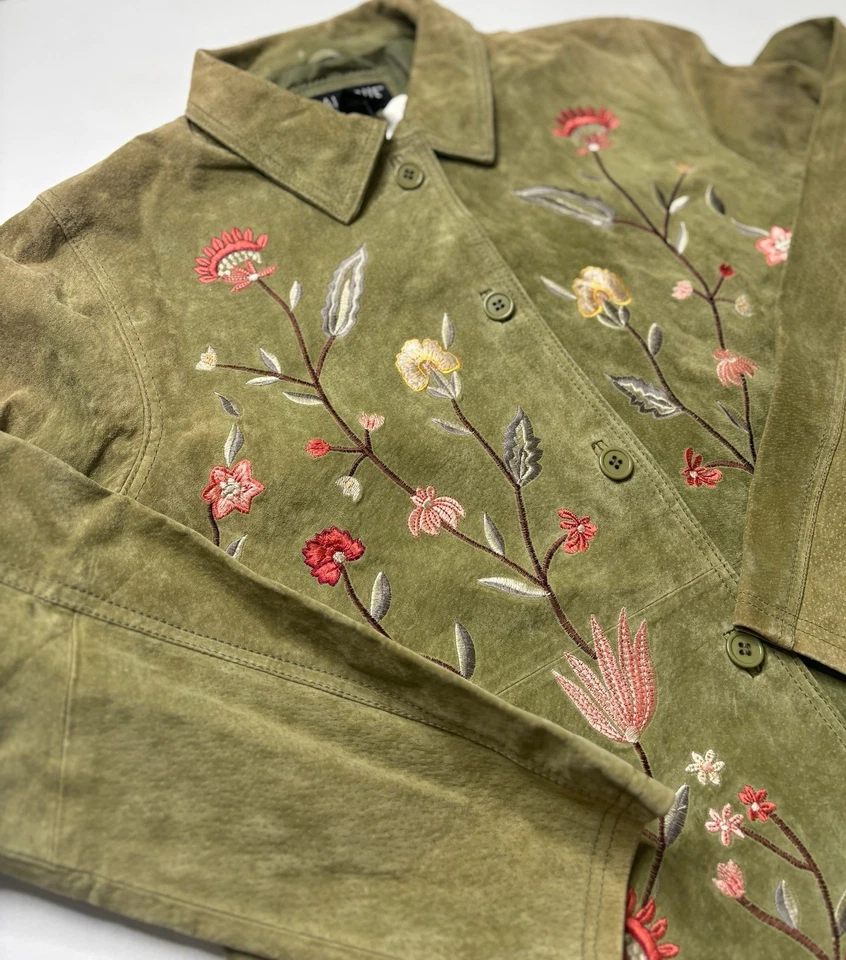 Женский диалог 100% кожи замшевая куртка маленький зеленый вышитый цветочный винтажный - Изображение 3 из 4