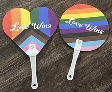 48- Pride Heart and Round Rainbow Hand Fan with Love Wins Words, LGBT NEW A2