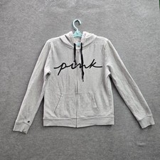 PINK Victoria's Secret Women Hoodie M Gray Script Activewear Logo Zipper