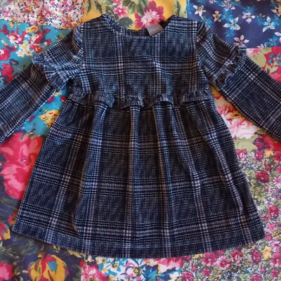 NEXT 6-9 MÄDCHEN SCHWARZ/GRAU VELOURS/SAMT LANGARM KLEID VORNE RÜSCHEN