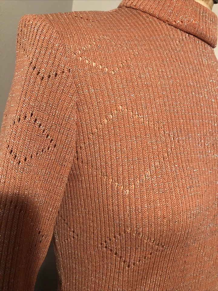 Maxi Vestido Disco Anfitriona De Colección Años 70 Rosa Plata Tejido Lúrex Manga Larga XS/S ILGWU Foto 4 de 4