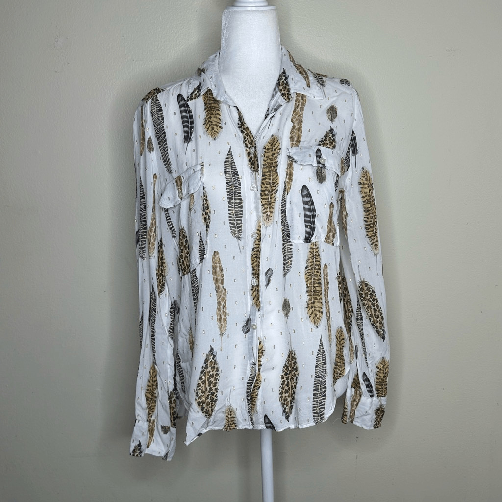 Vilagallo Feathers Button Front Neutral Brown Tan… - image 1