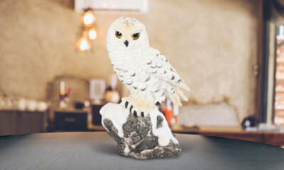 5''H Snowy Owl Standing on Rock Statue Wild Animal Decoration Figurine Room Decor