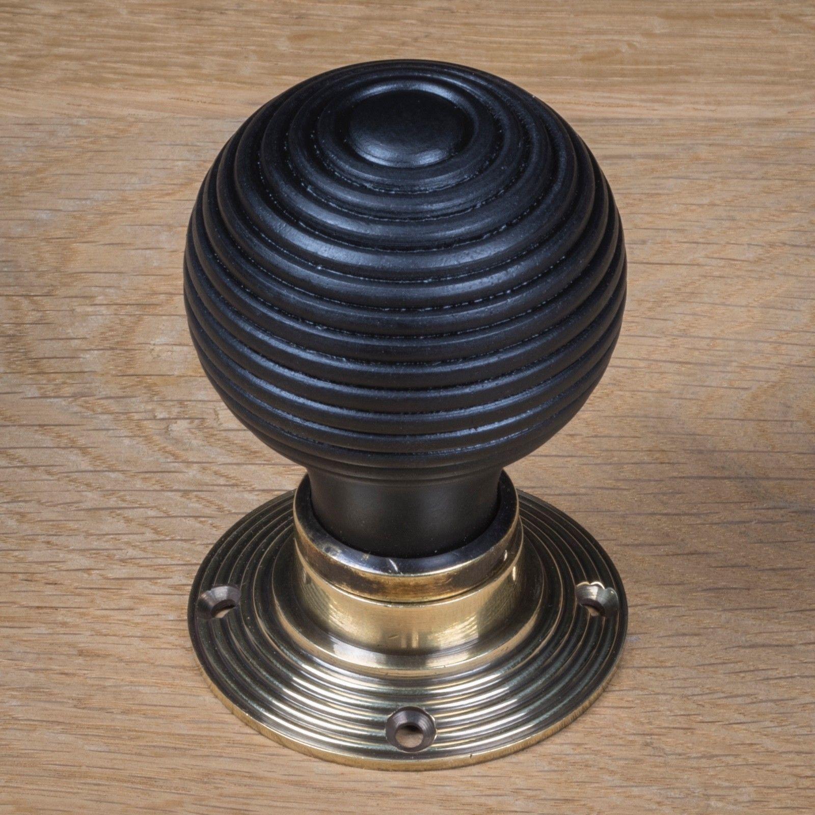 Beehive Door Knob Black Ebonised Wood Antique Brass Mortice Pair New eBay