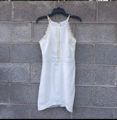 angel biba white lace dress Angel Biba White Lace Trim, Open Back Fit & Flare Dress Laceup back Padded Bust