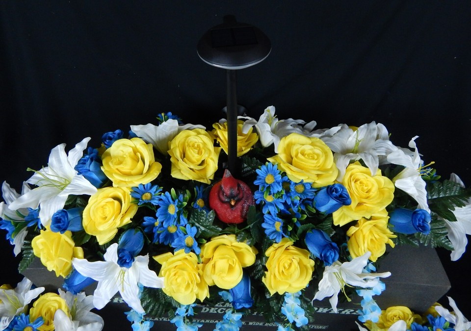 Overhead Solar Light Cardinal Double Cemetery Silk Flower Headstone