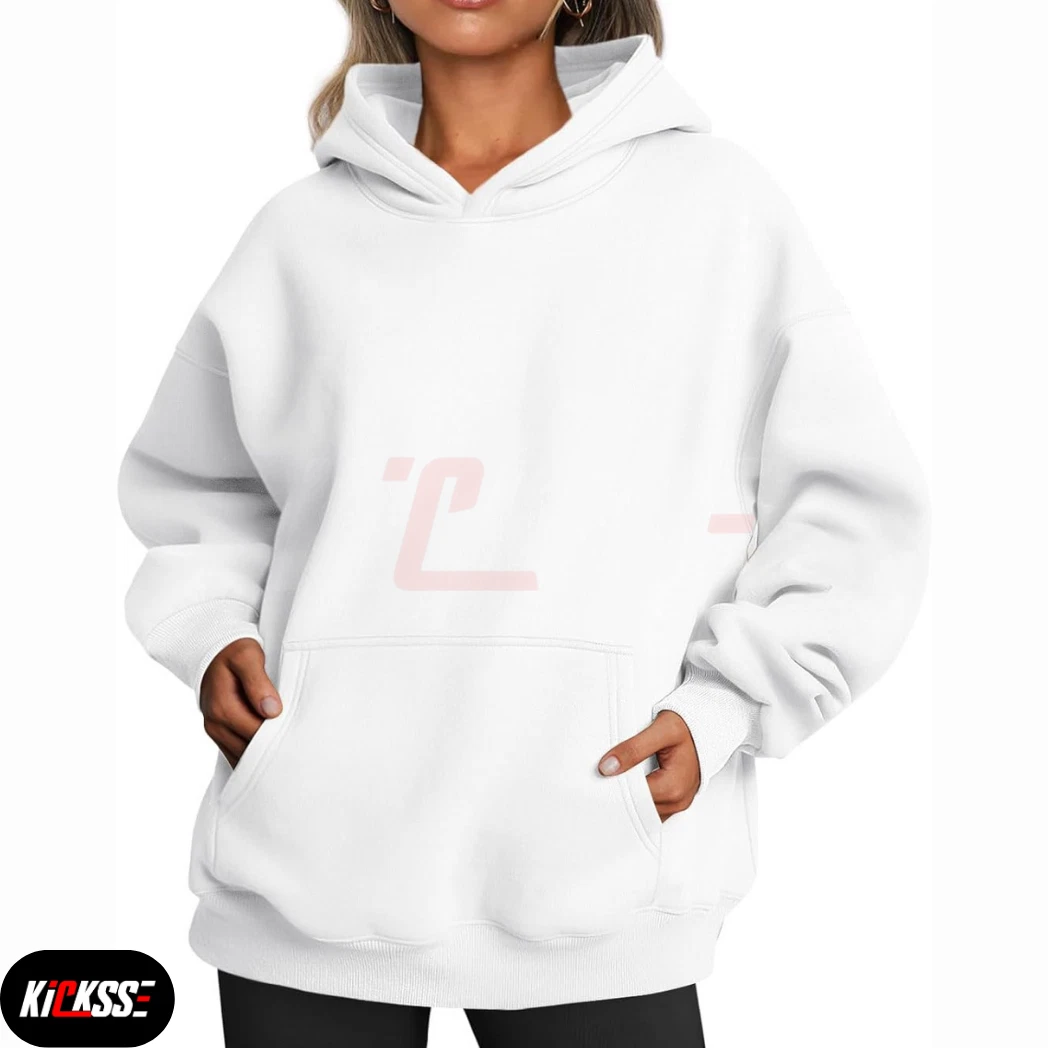 Kicksse Women’s Oversized Hoodie – White Fleece Sweatshirt, Classic Pullover