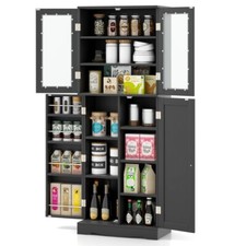 Kitchen Pantry Storage Organizer Cabinet w/Dual Tempered Glass Doors and Shelves