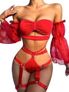 Red Sexy Gauze Sleeves Bra Thong Lingerie Set(M)