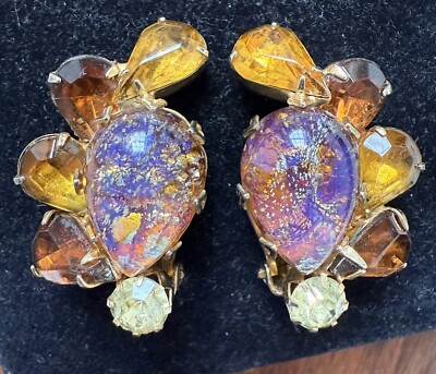Vintage Rhinestone Dragon Breath Clip On Earrings Purple Juliana Style