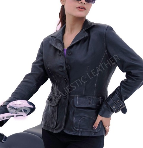 New Women Damen Real Soft Lambskin Black Leather Blazor Coat