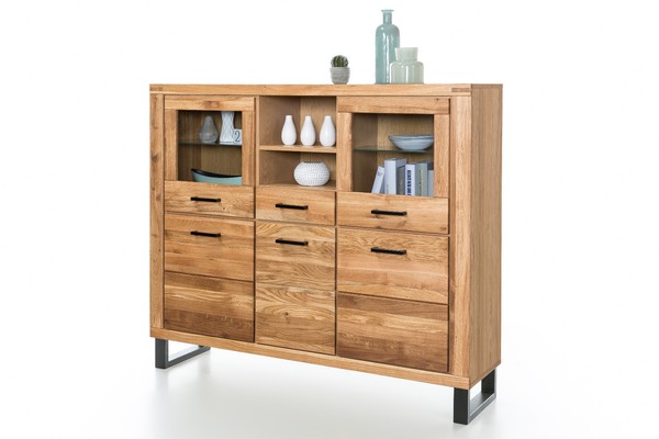 Highboard Tina Vitrine In Wildeiche GeöLt Teilmassiv Breite 158Cm HöHe 140Cm-image