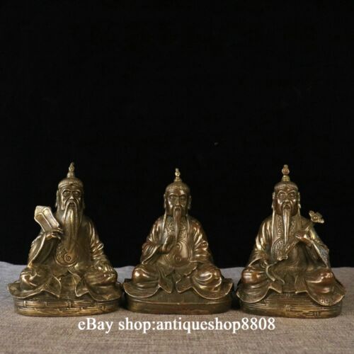 6" 3pcs Chinese Bronze Brass Myth Taoism LaoJun 3 Three Immortal God Statue Set - Picture 3 of 9