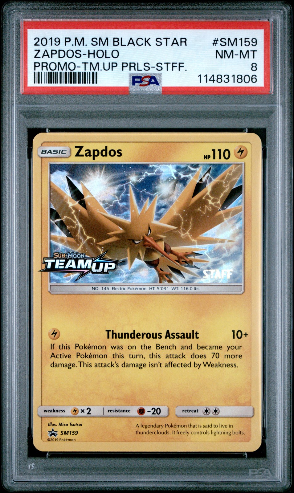 2019 Pokemon Zapdos SM Black Star Promo #SM159 Promo-TM.Up Prls-Stff. PSA 8