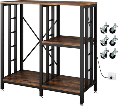 Rustic 4-Tier Adjustable Kitchen Bakers Rack with Power Outlet & Storage