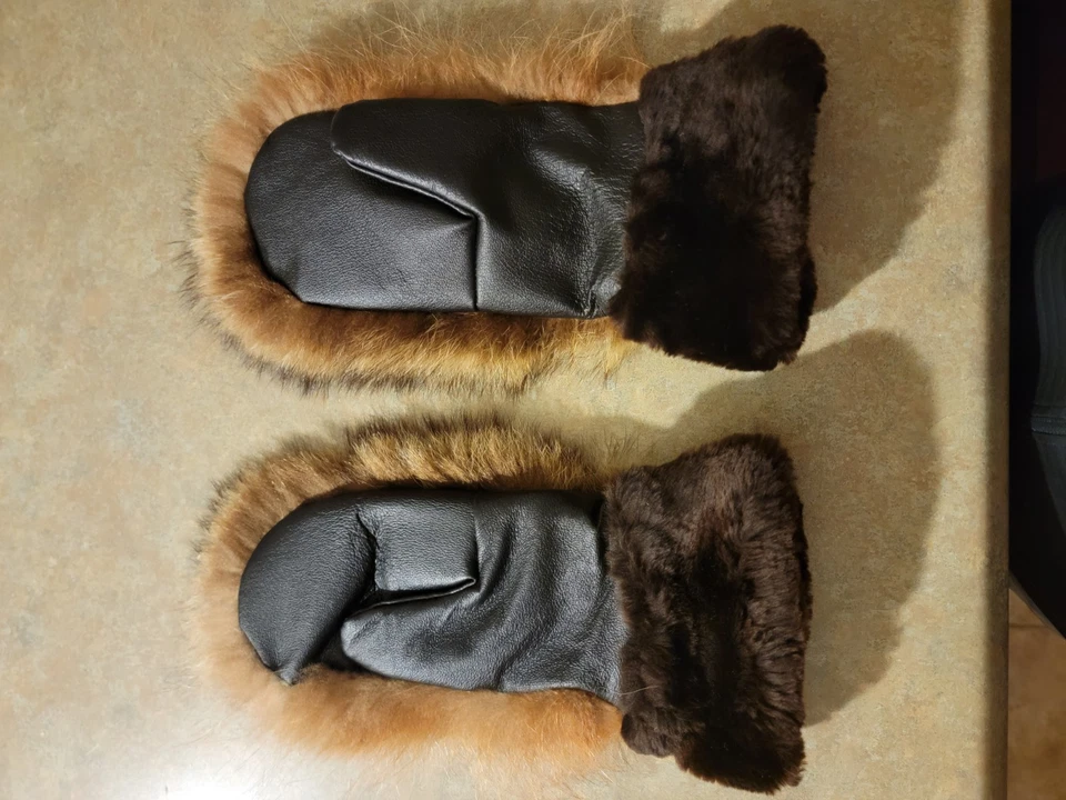 Genuine Fur Mittens with real leather. Handmade in Canada - Image 3 of 4