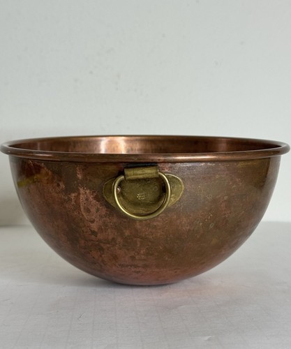 Vintage Distressed Copper Mixing Bowl Rolled Edge Brass Ring Round Base Korea 8”