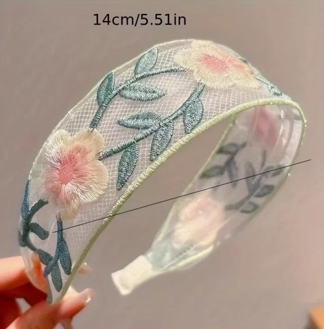 Diadema vintage retro verde y amarillo floral bordada tela de encaje banda para el cabello Foto 3 de 4