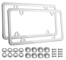 2pcs Chrome Stainless Steel Metal License Plate Frame Tag Cover With Screw Caps