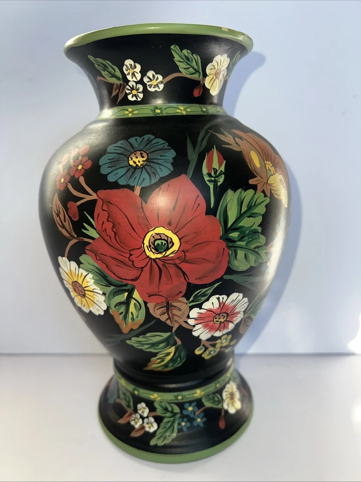 Винтажная ваза VERA BRADLEY My Home 10 дюймов с ручной росписью черный цветочный узор Andrea от Sadek - Изображение 3 из 4