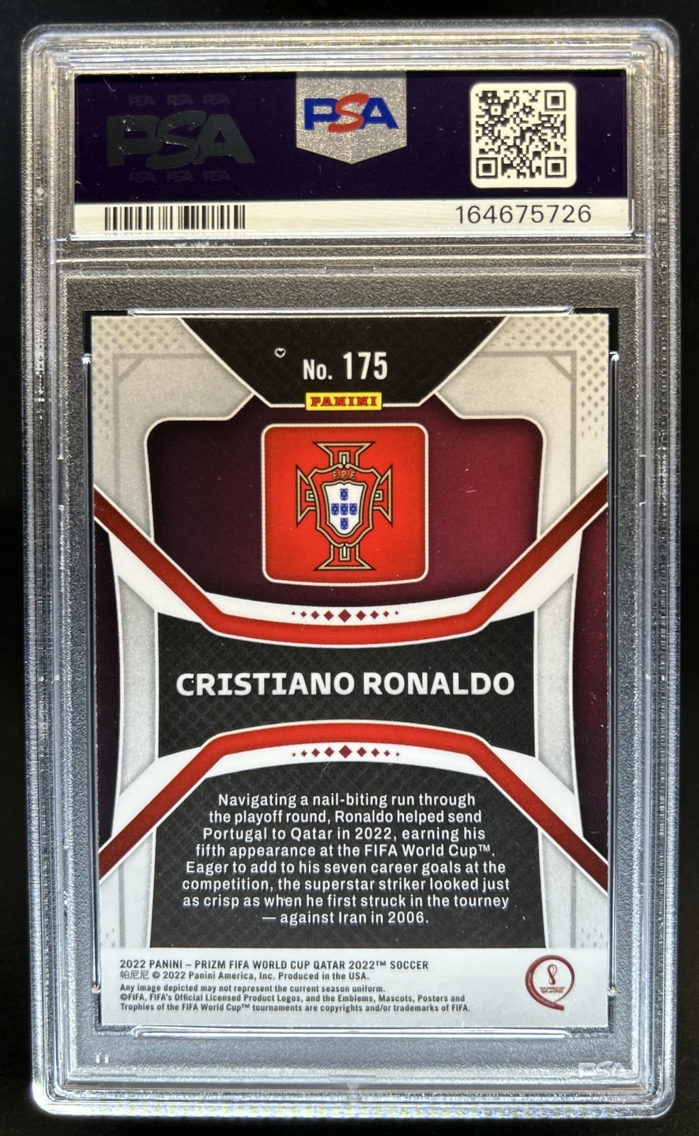 2022-23 Panini Prizm World Cup Cristiano Ronaldo #175 Portugal PSA 8 view 2