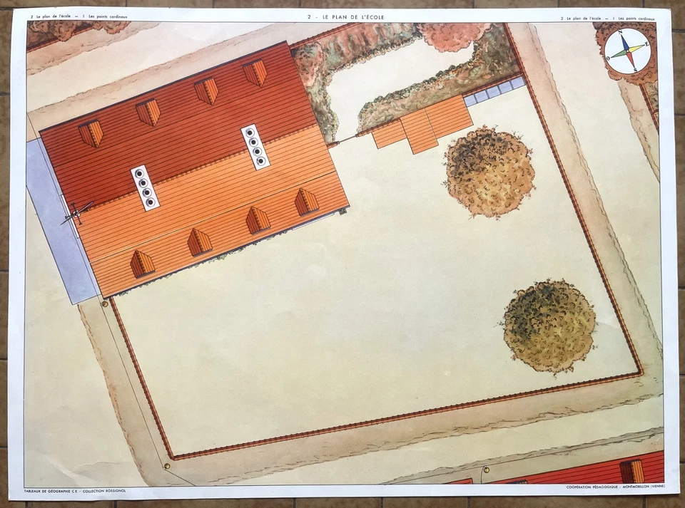 🏫 Ancienne affiche scolaire Rossignol, 1950 - 1, 2 L'école communale / Le plan - Photo 2/3