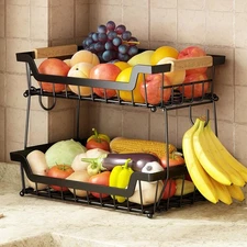 GILLAS 2 Tier Countertop Fruit Basket with 2 Banana Hangers for Kitchen, Detacha