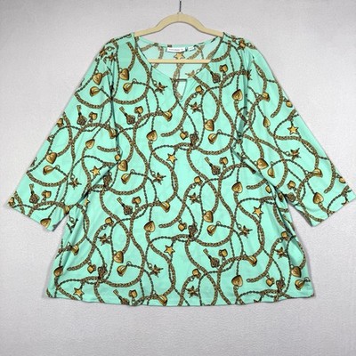 Susan Graver Top Womens 2X Chain Charm Print Liquid Knit Tunic Blouse 3/4 Sleeve