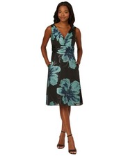Adrianna Papell Women's V-Neck MIDI Dress - Black Multi Floral Jacquard 4 