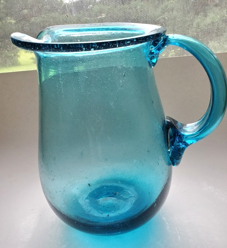 Vintage Blue Hand Blown Art Glass Water Pitcher